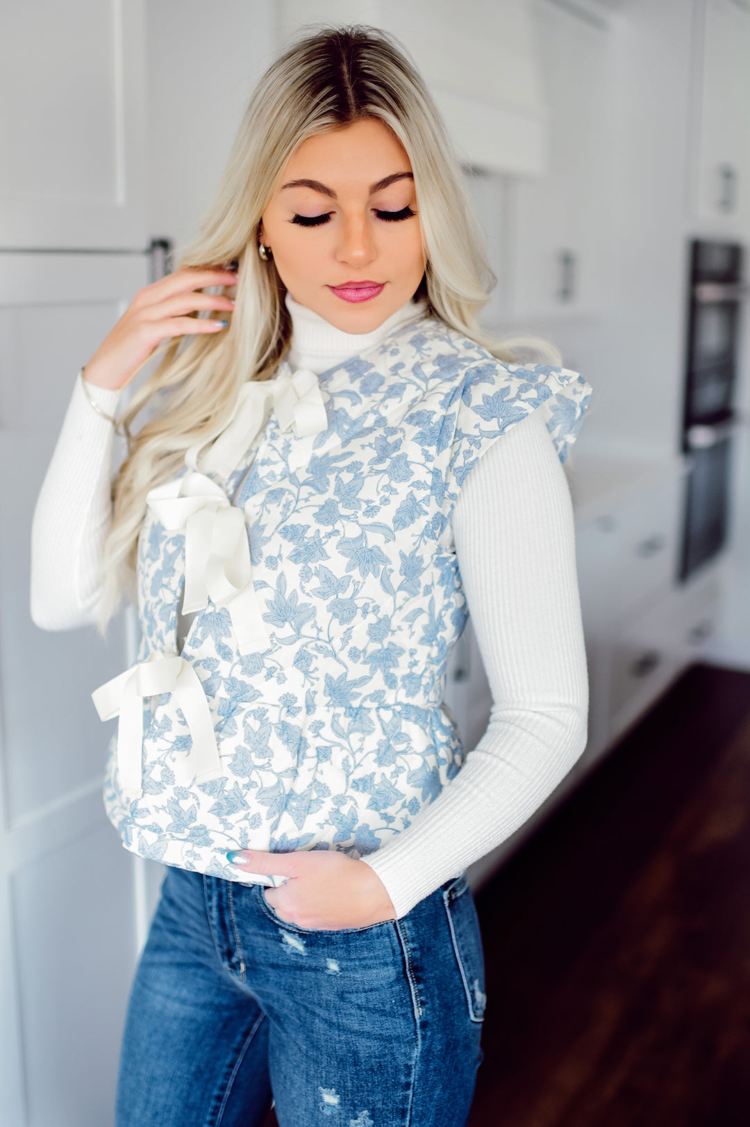 Quilted Gardens Floral Vest (Ivory/Blue)