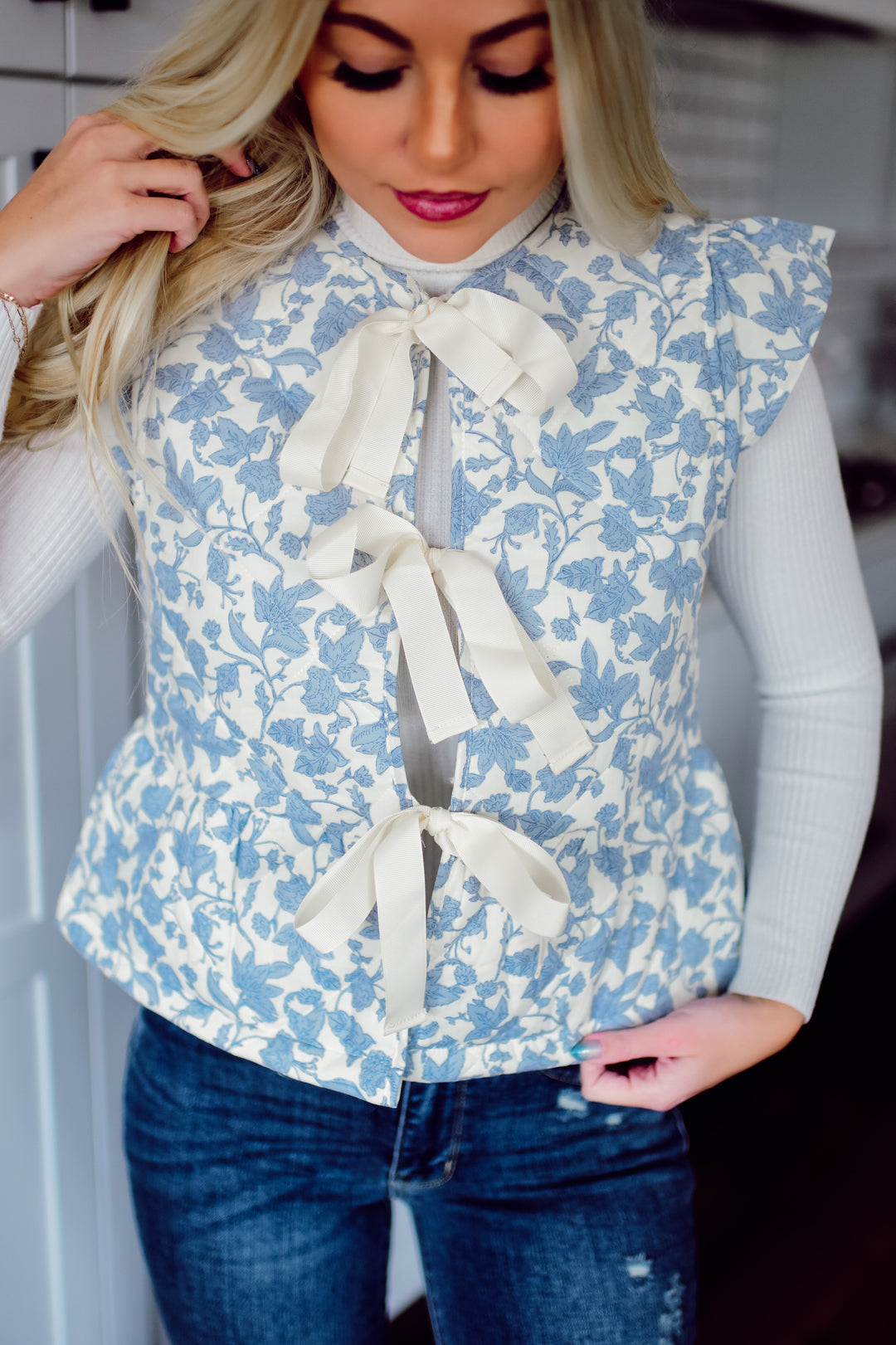 Quilted Gardens Floral Vest (Ivory/Blue)