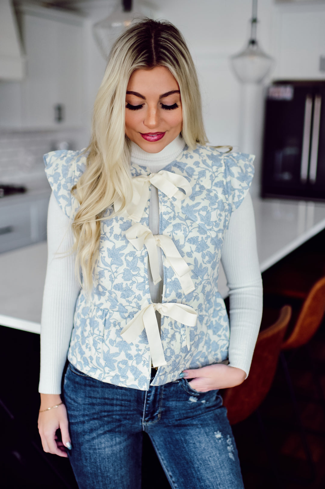 Quilted Gardens Floral Vest (Ivory/Blue)