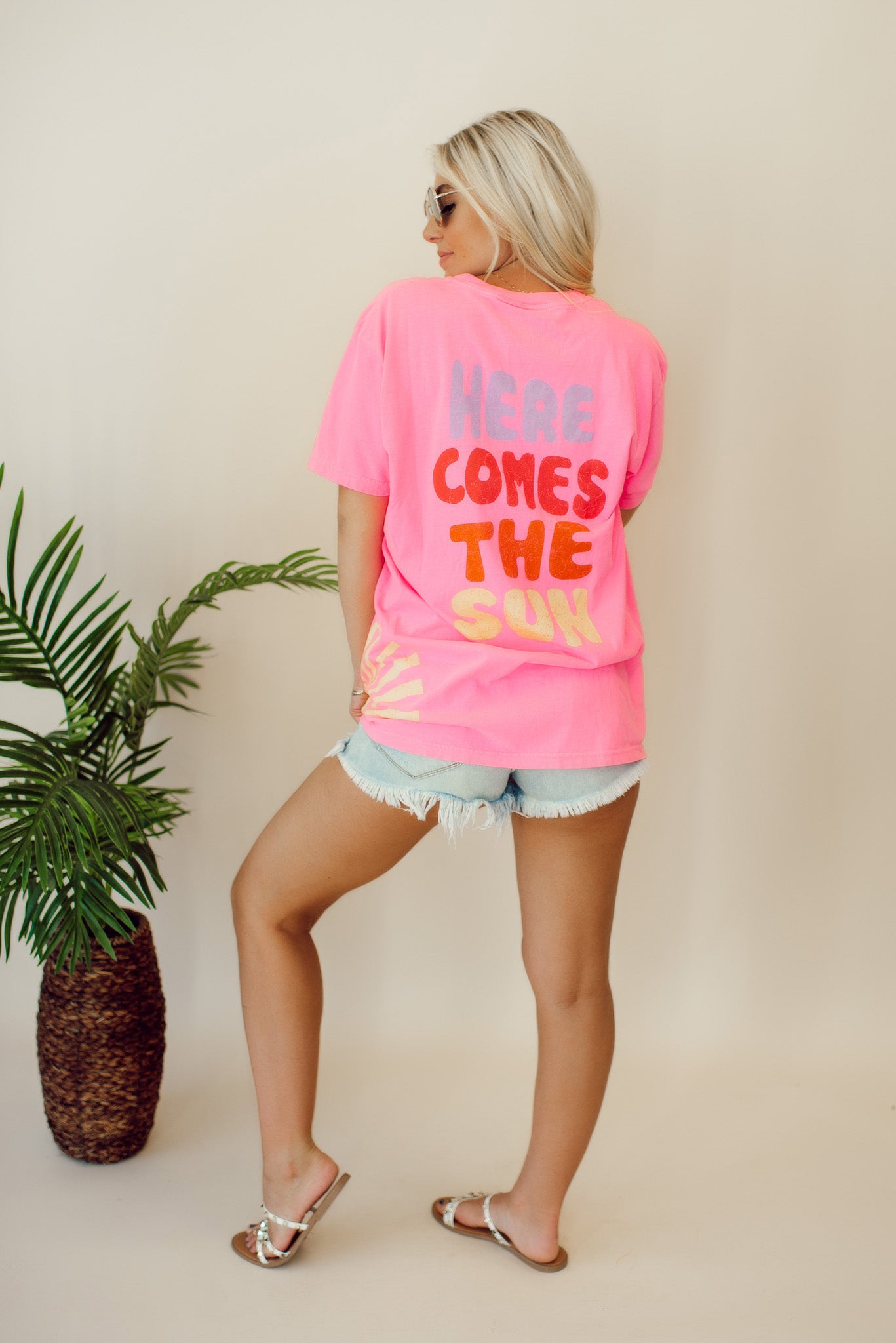 Here Comes The Sun Oversized Graphic Tee (Neon Pink)