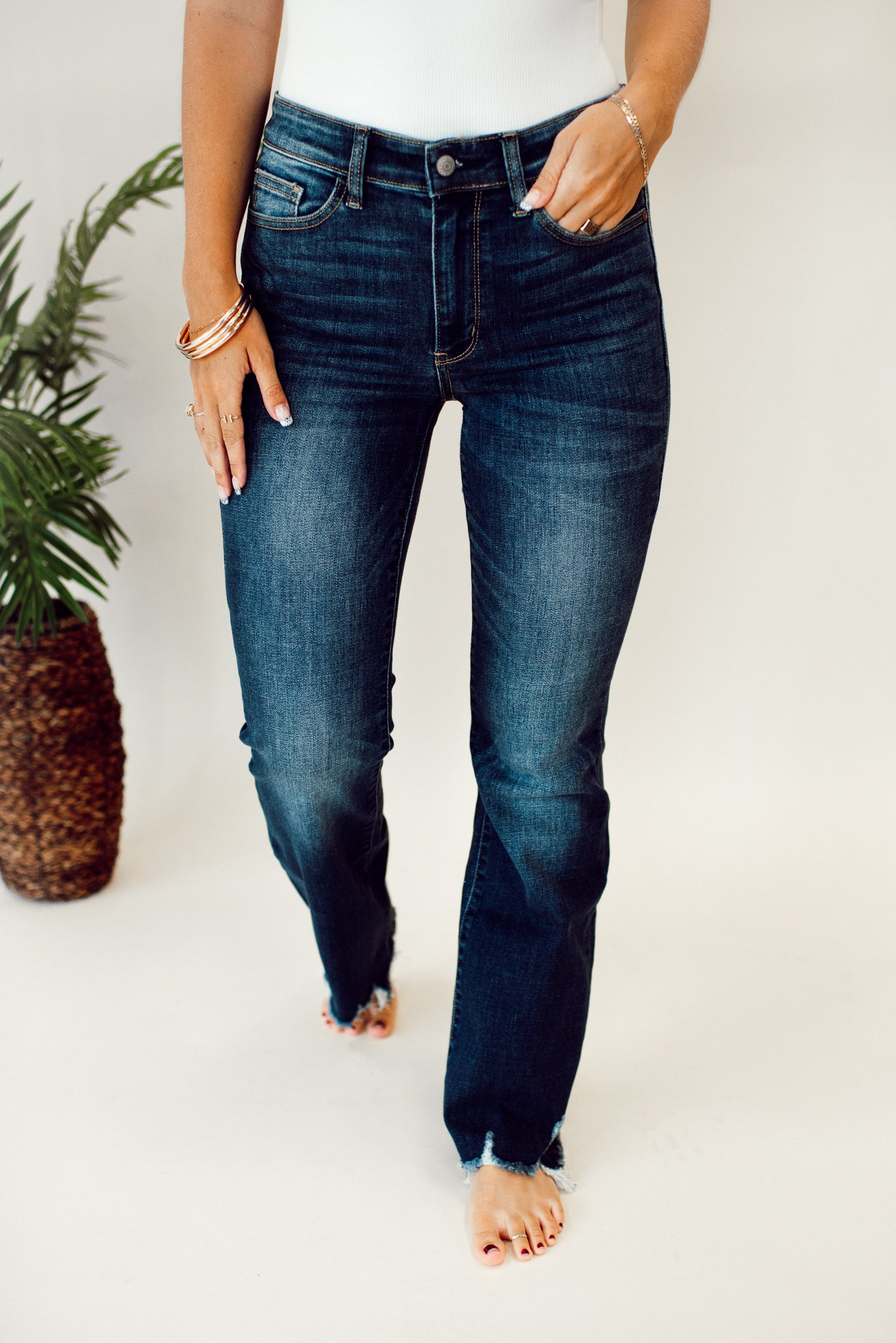 Judy Blue Charity Mid Rise Distressed Hem Bootcut Jeans (Dark Wash)