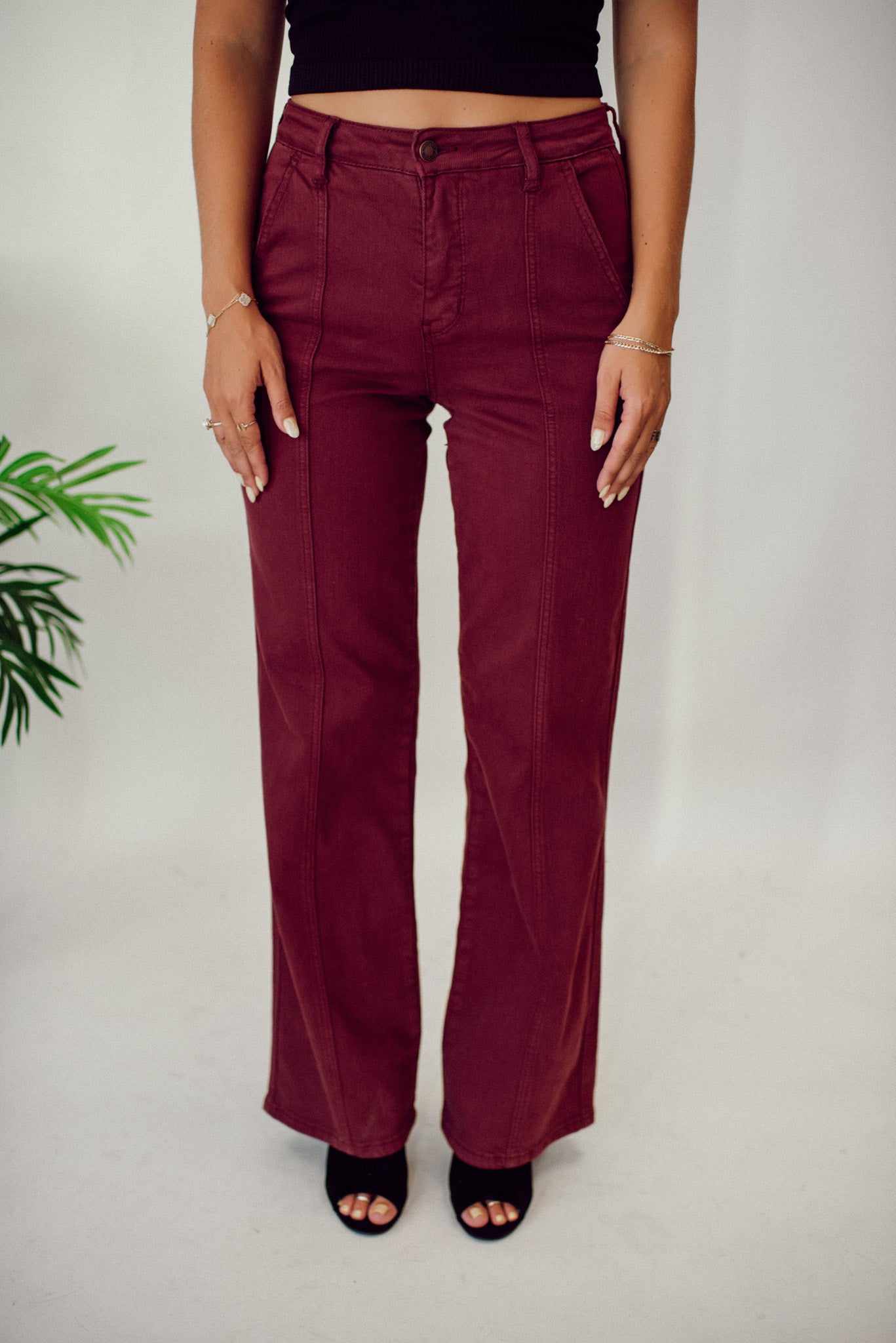 Phoebe High Rise Front Seam Straight Jeans in Burgundy