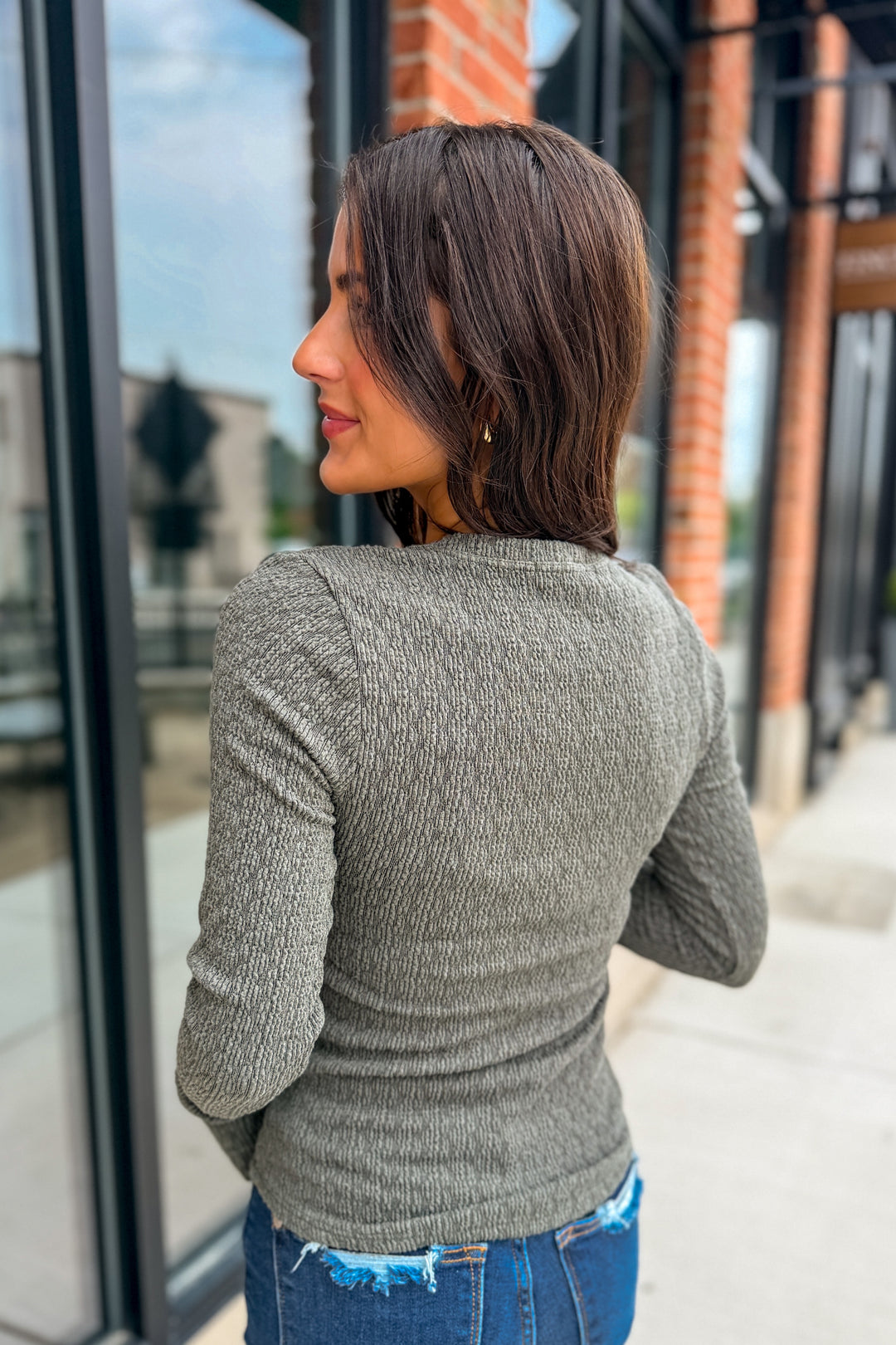 Puckered Jacquard Thumbhole Top (Dark Olive)