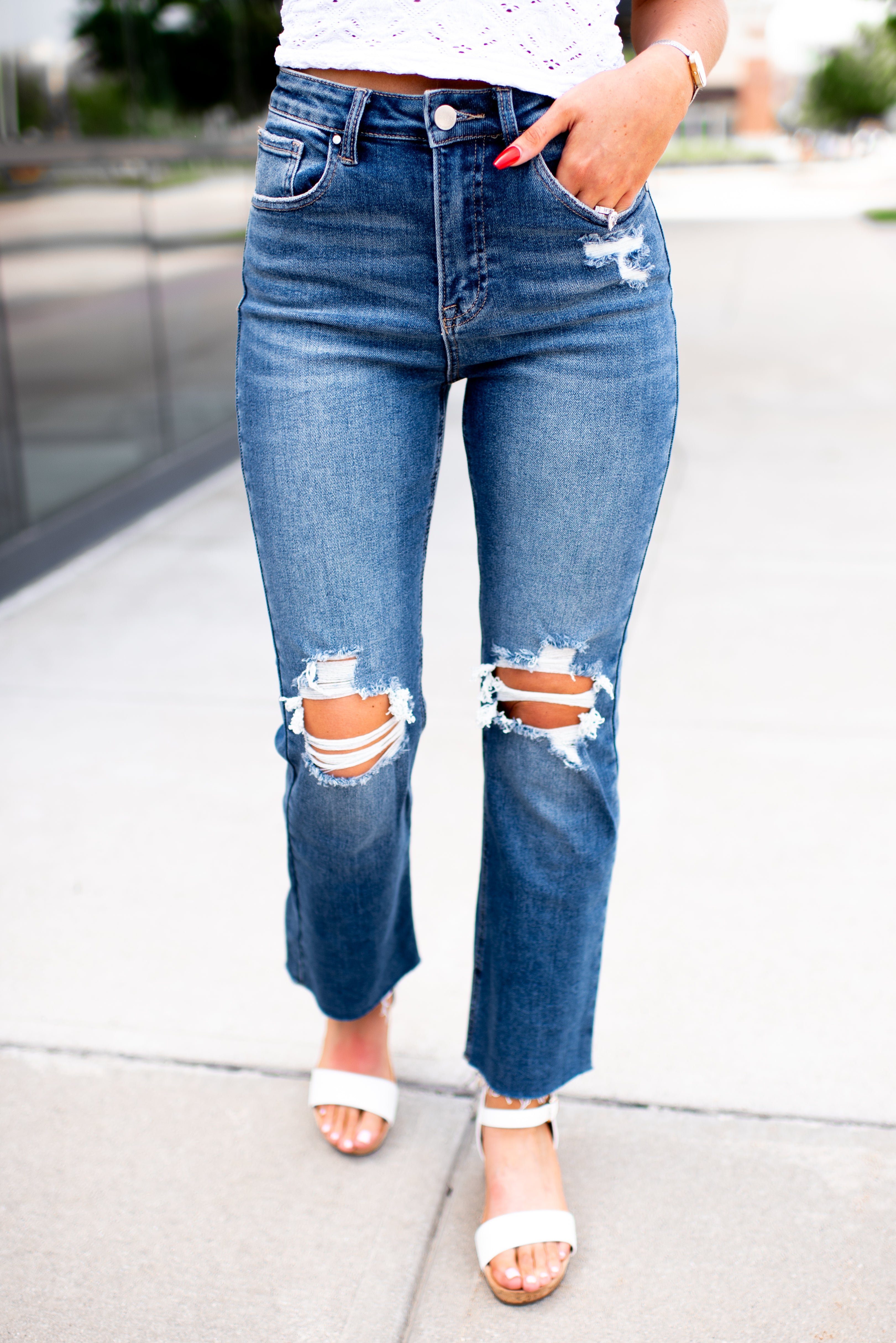 Risen Lylah Distressed Crop Denim (Medium Wash) – Blue Layne Boutique