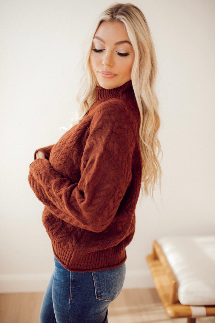 Cabin Cozy Cable Knit Mock Neck Sweater (Brown)