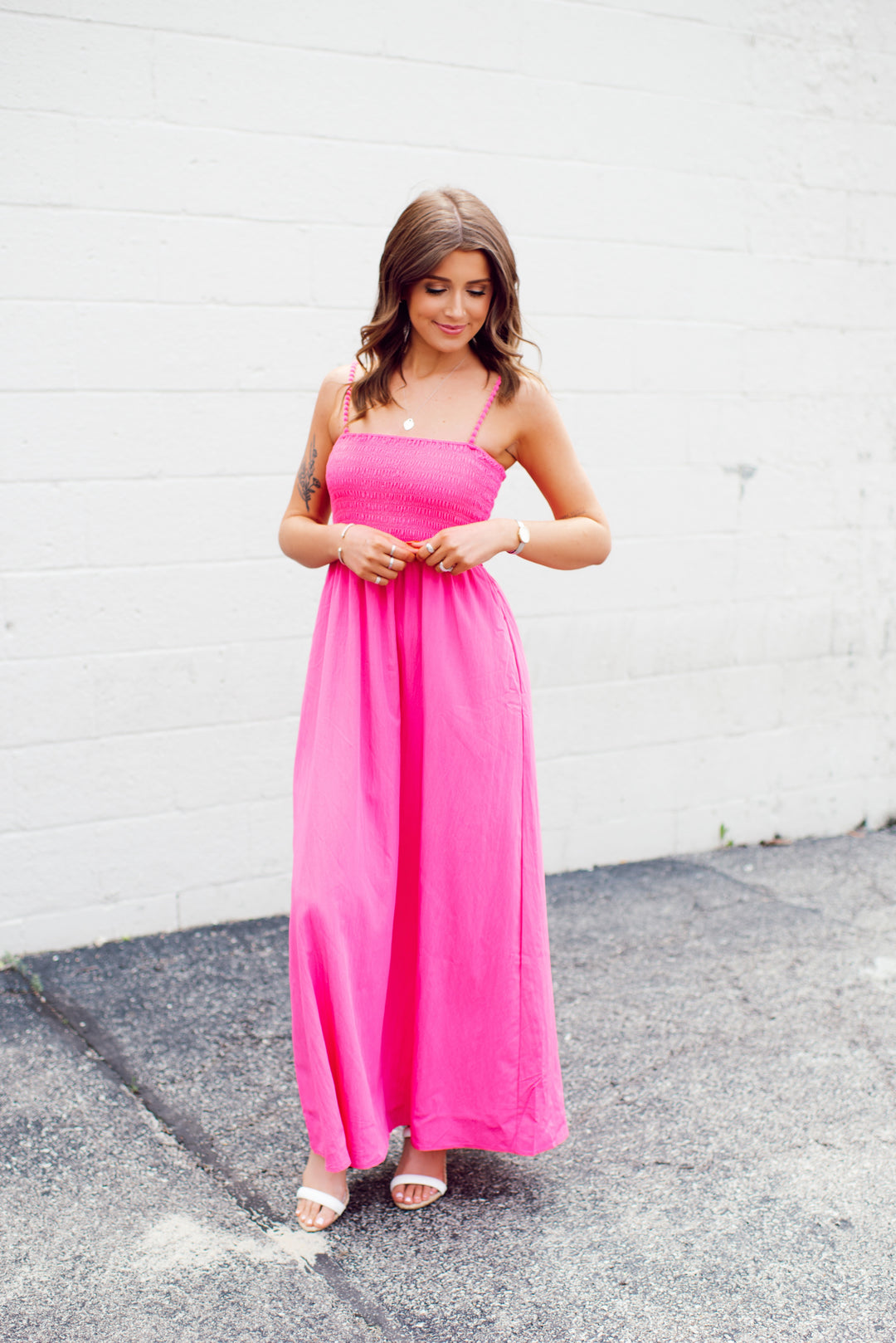 Pom Pom Smocked Maxi Dress (Hot Pink) Medium