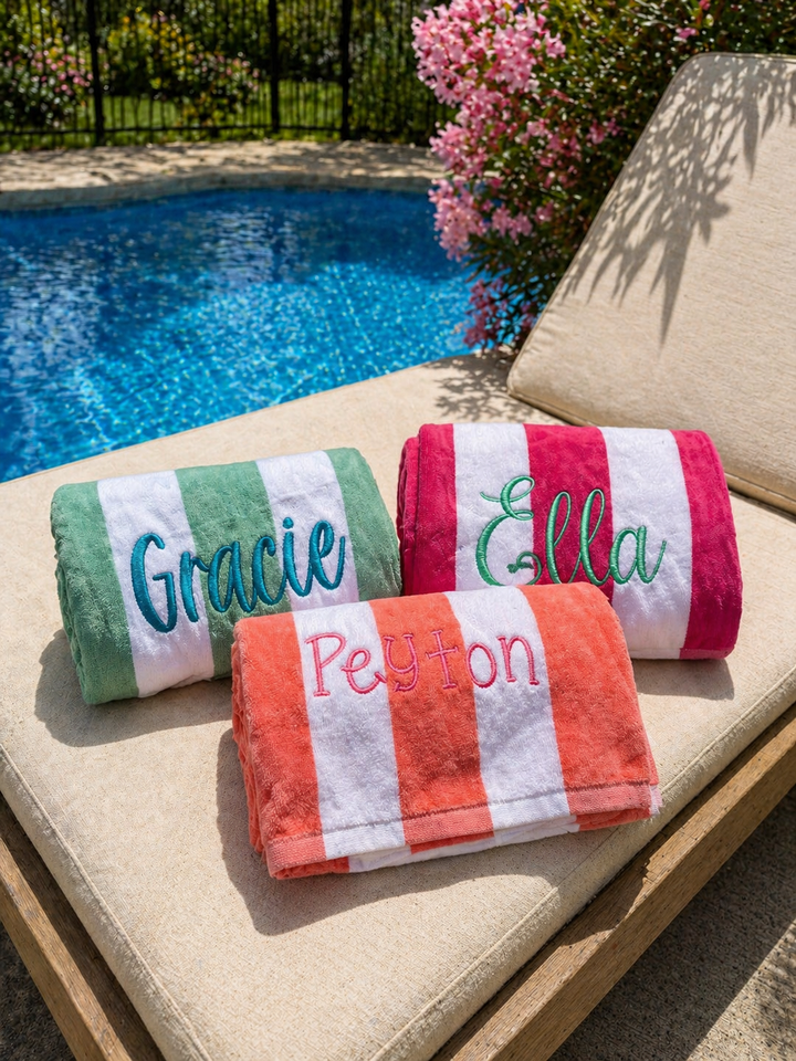 Poolside Embroidered Striped Towel