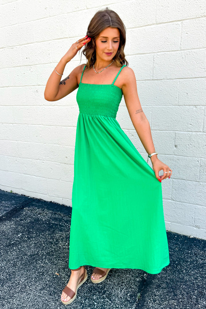 Pom Pom Smocked Maxi Dress (Green)