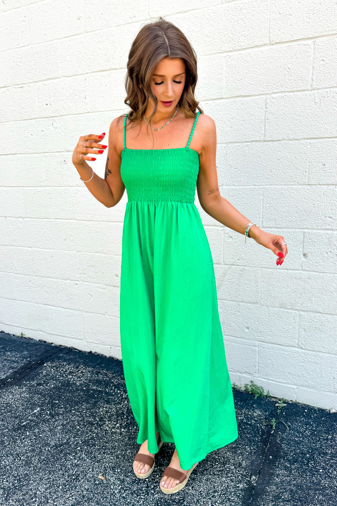 Pom Pom Smocked Maxi Dress (Green)