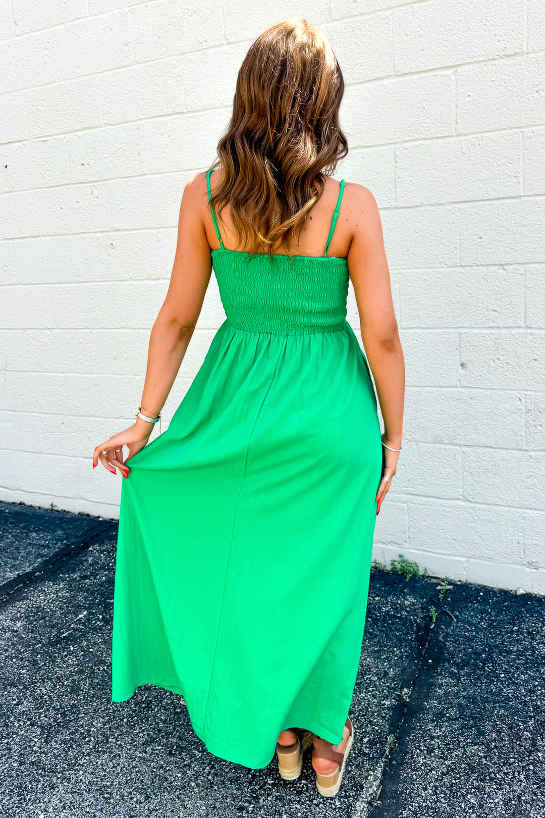 Pom Pom Smocked Maxi Dress (Green)