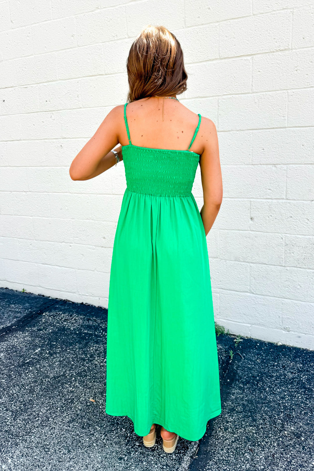 Pom Pom Smocked Maxi Dress (Green)