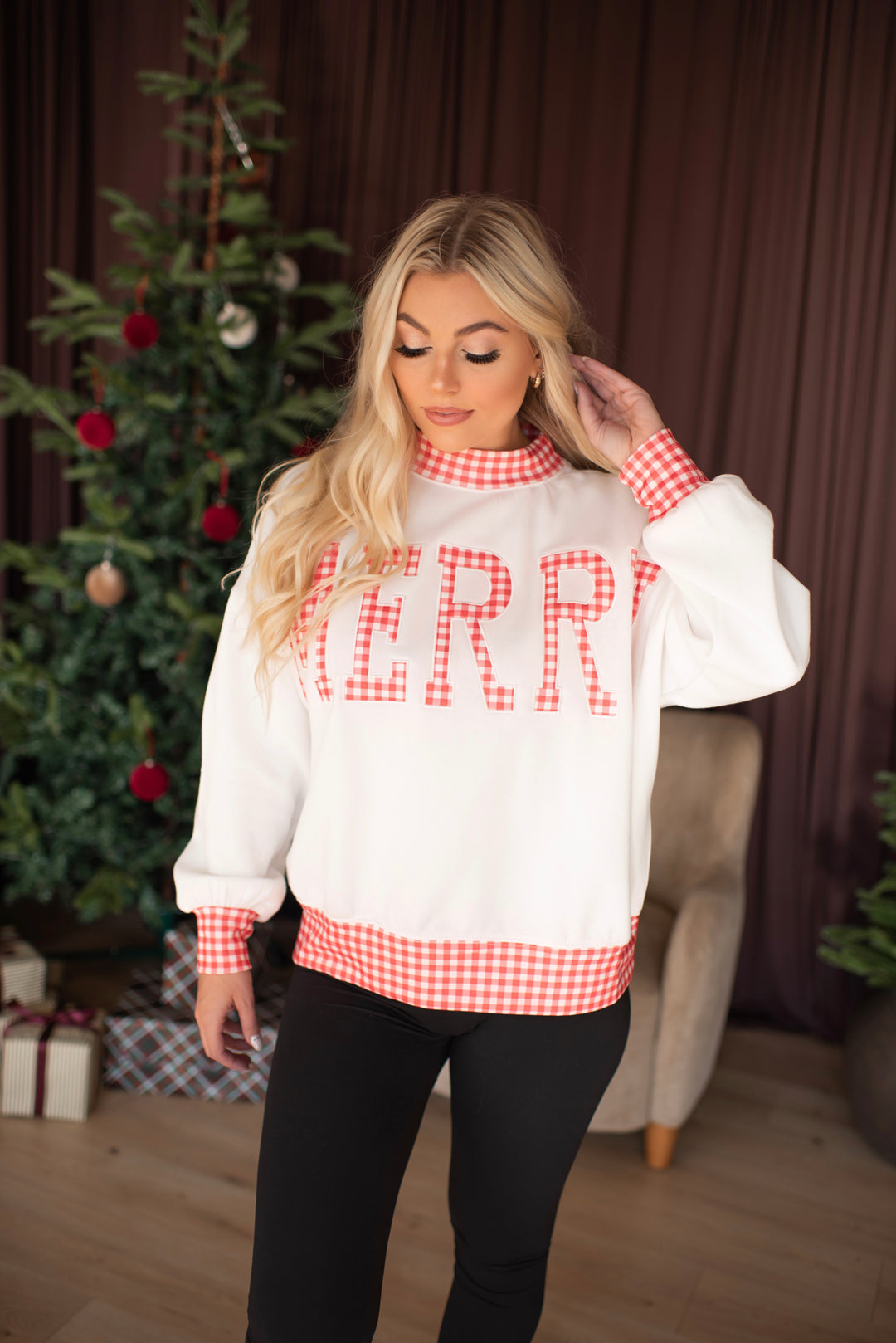Merry Little Gingham Patch Pullover (Ivory)