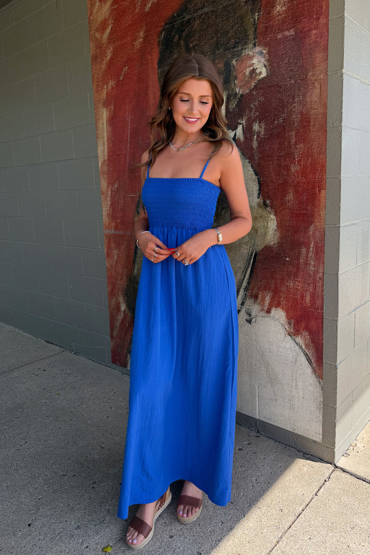 Pom Pom Smocked Maxi Dress (Royal Blue)