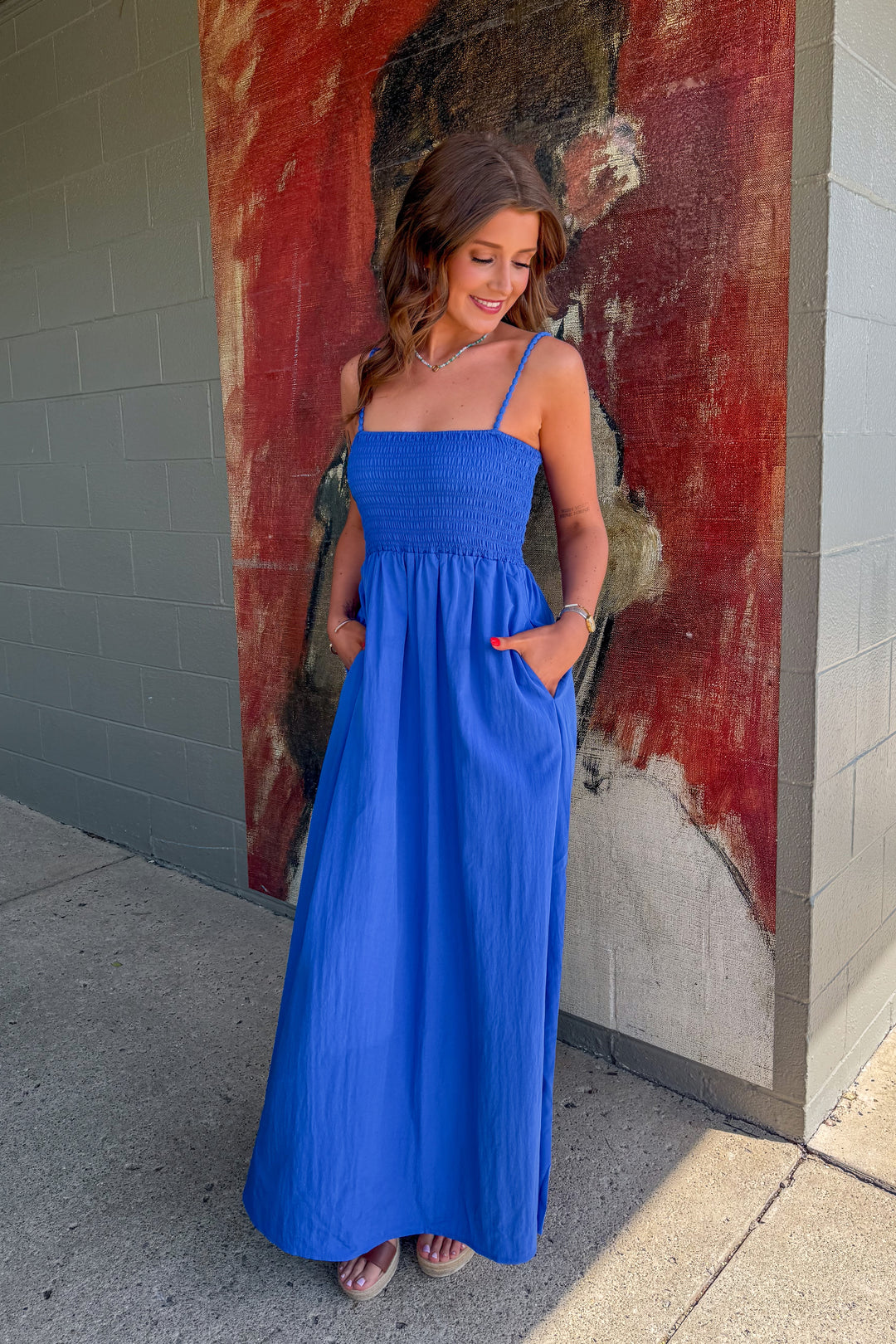 Pom Pom Smocked Maxi Dress (Royal Blue)