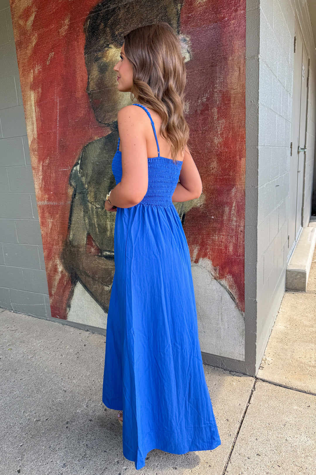 Pom Pom Smocked Maxi Dress (Royal Blue)
