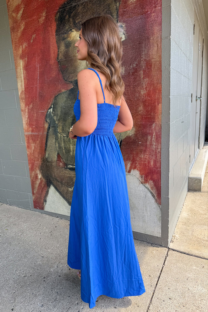 Pom Pom Smocked Maxi Dress (Royal Blue)