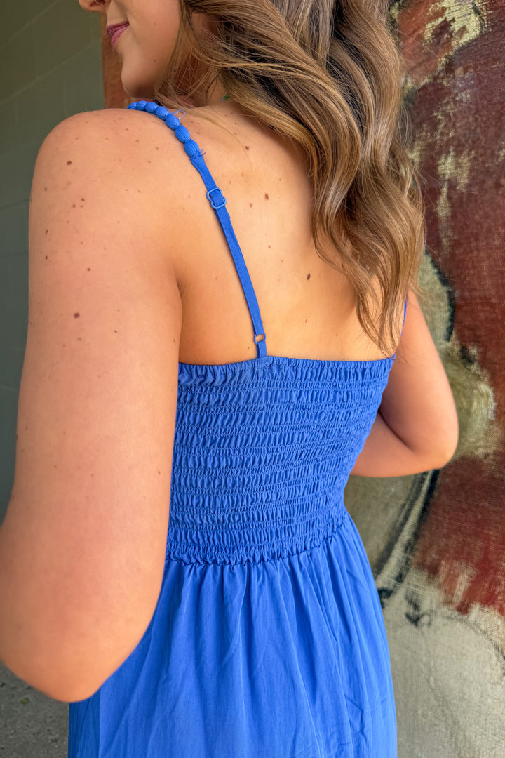 Pom Pom Smocked Maxi Dress (Royal Blue)