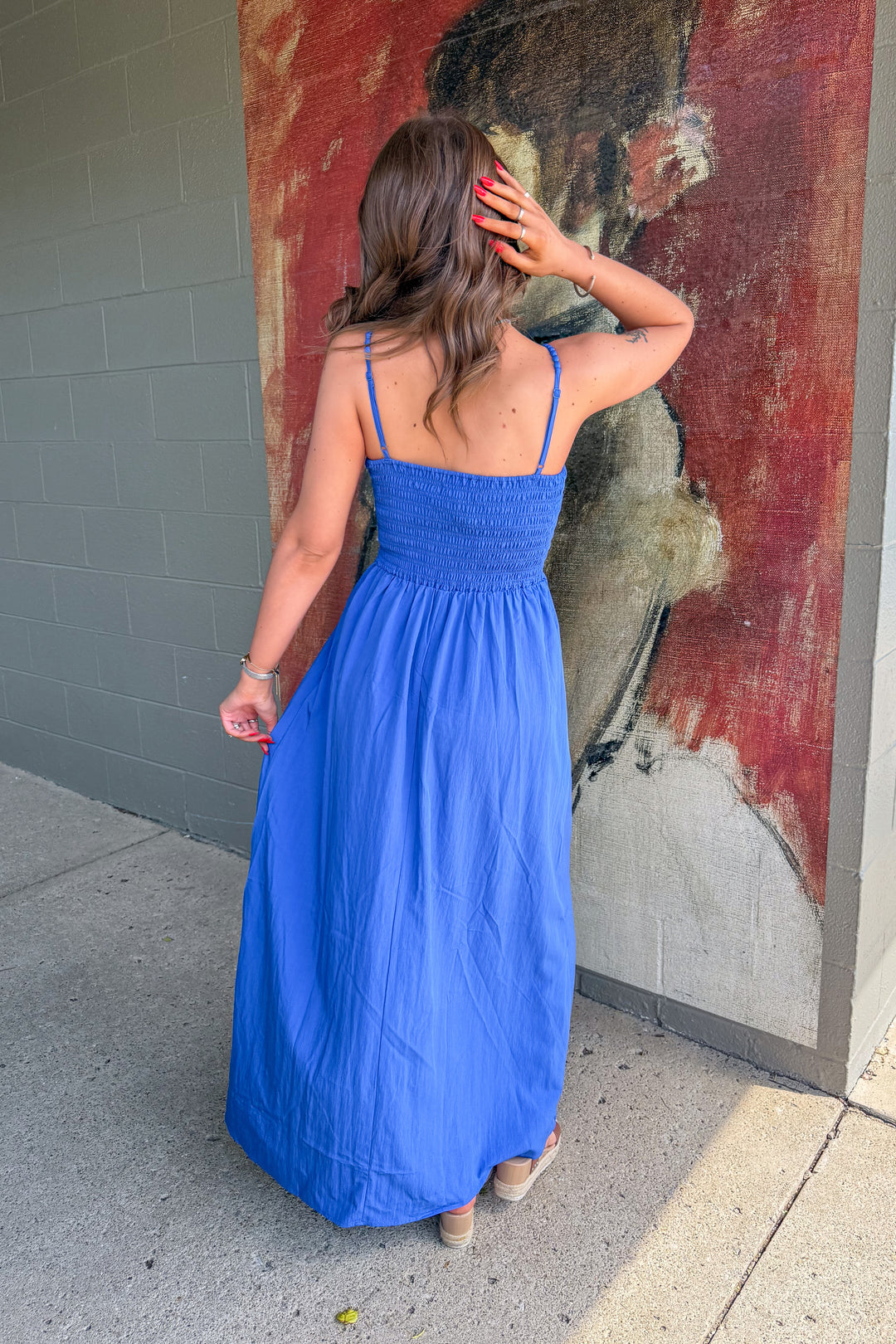 Pom Pom Smocked Maxi Dress (Royal Blue)