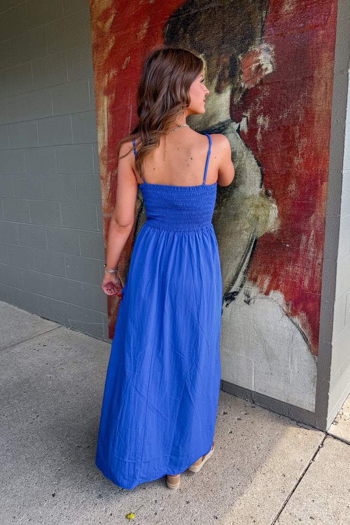 Pom Pom Smocked Maxi Dress (Royal Blue)