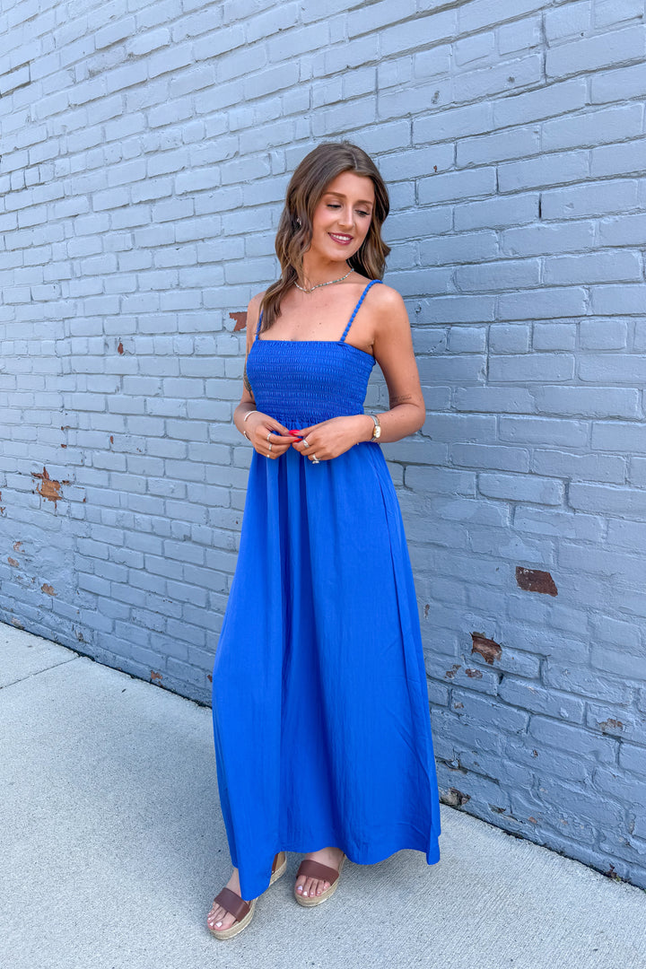 Pom Pom Smocked Maxi Dress (Royal Blue)