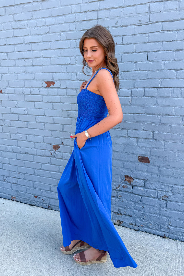 Pom Pom Smocked Maxi Dress (Royal Blue)