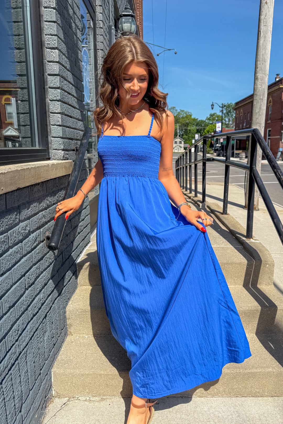 Pom Pom Smocked Maxi Dress (Royal Blue)