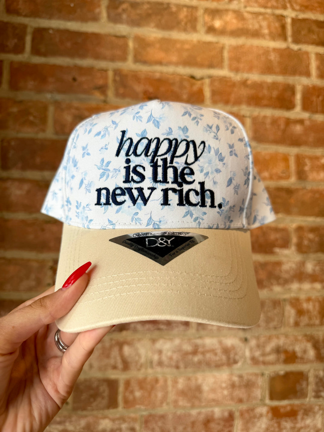 Happy Is The New Rich Trucker Hat (Blue Floral/Tan)