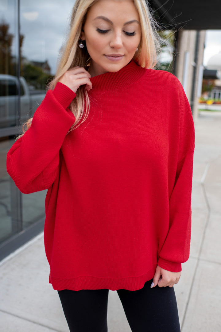 Cherry On Top Balloon Sleeve Mock Neck Sweater (Cherry)