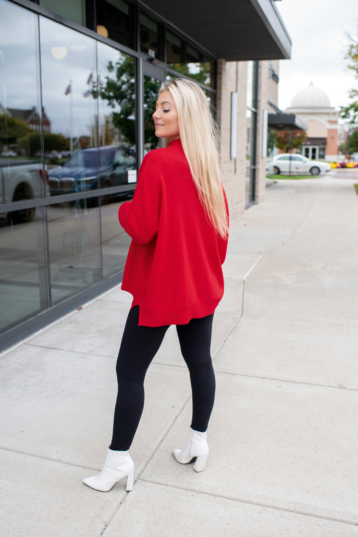 Cherry On Top Balloon Sleeve Mock Neck Sweater (Cherry)
