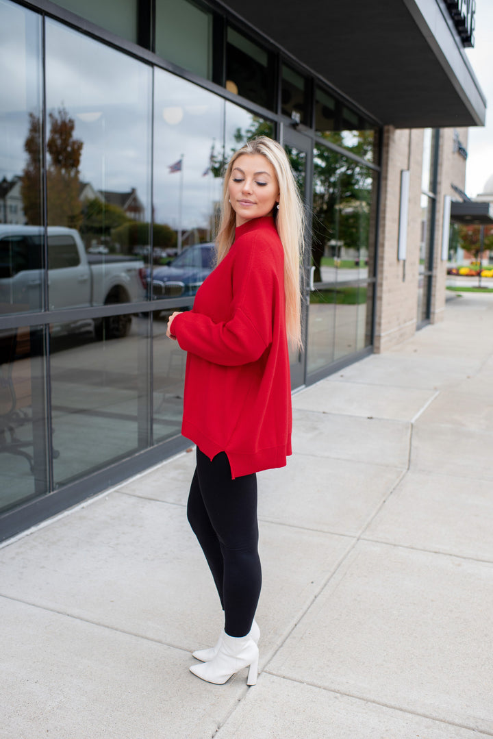 Cherry On Top Balloon Sleeve Mock Neck Sweater (Cherry)