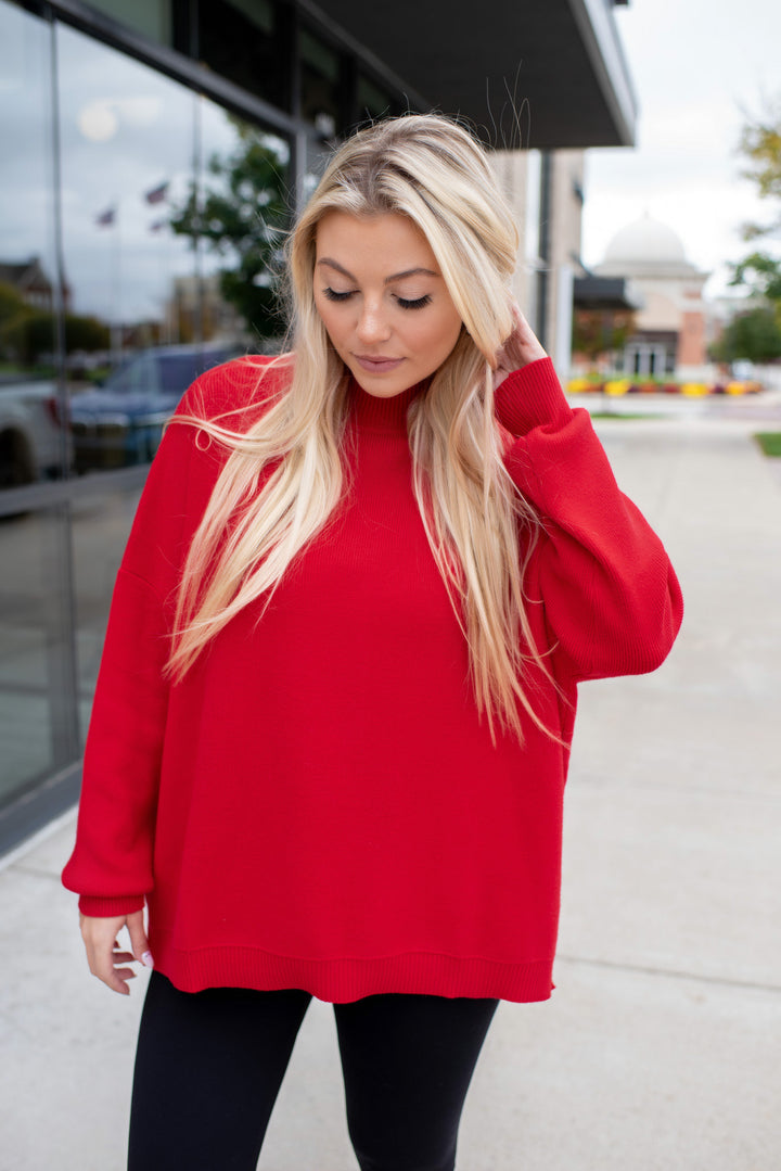 Cherry On Top Balloon Sleeve Mock Neck Sweater (Cherry)