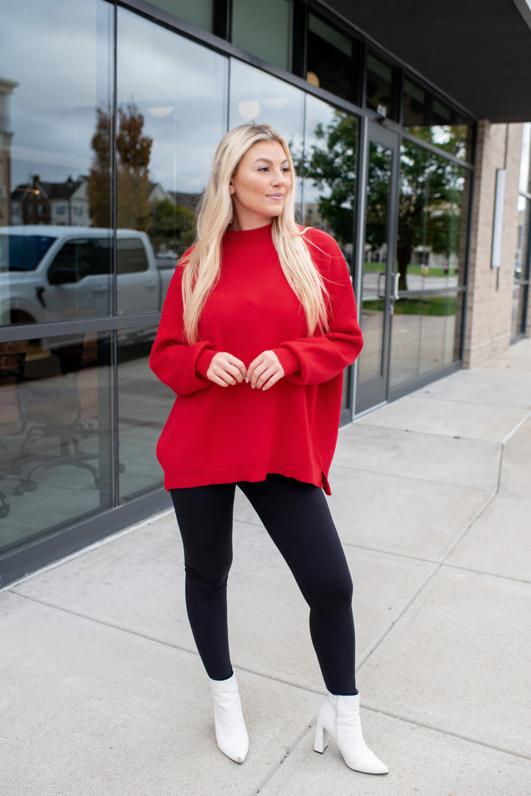 Cherry On Top Balloon Sleeve Mock Neck Sweater (Cherry)