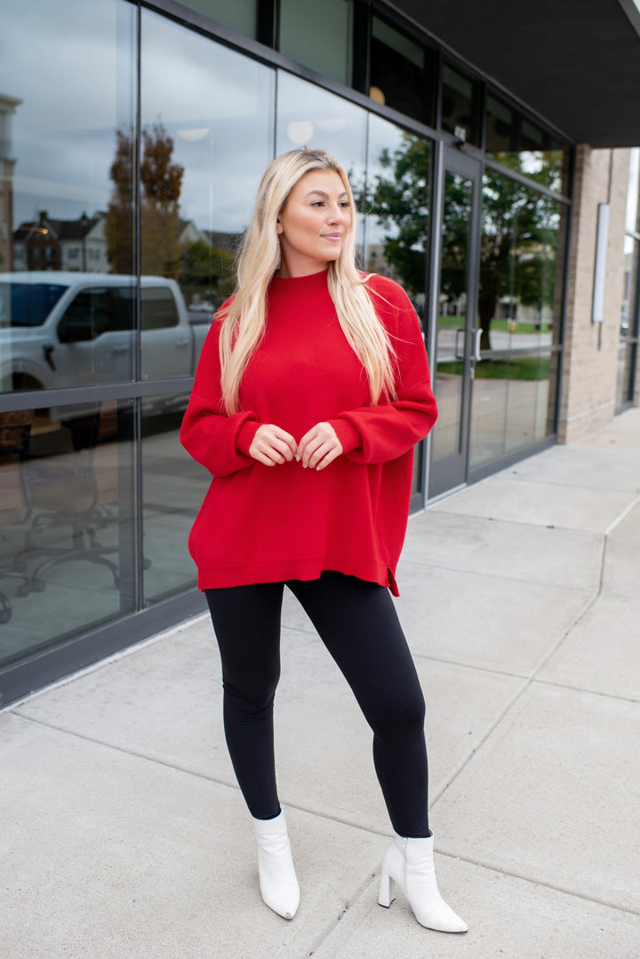 Cherry On Top Balloon Sleeve Mock Neck Sweater (Cherry)