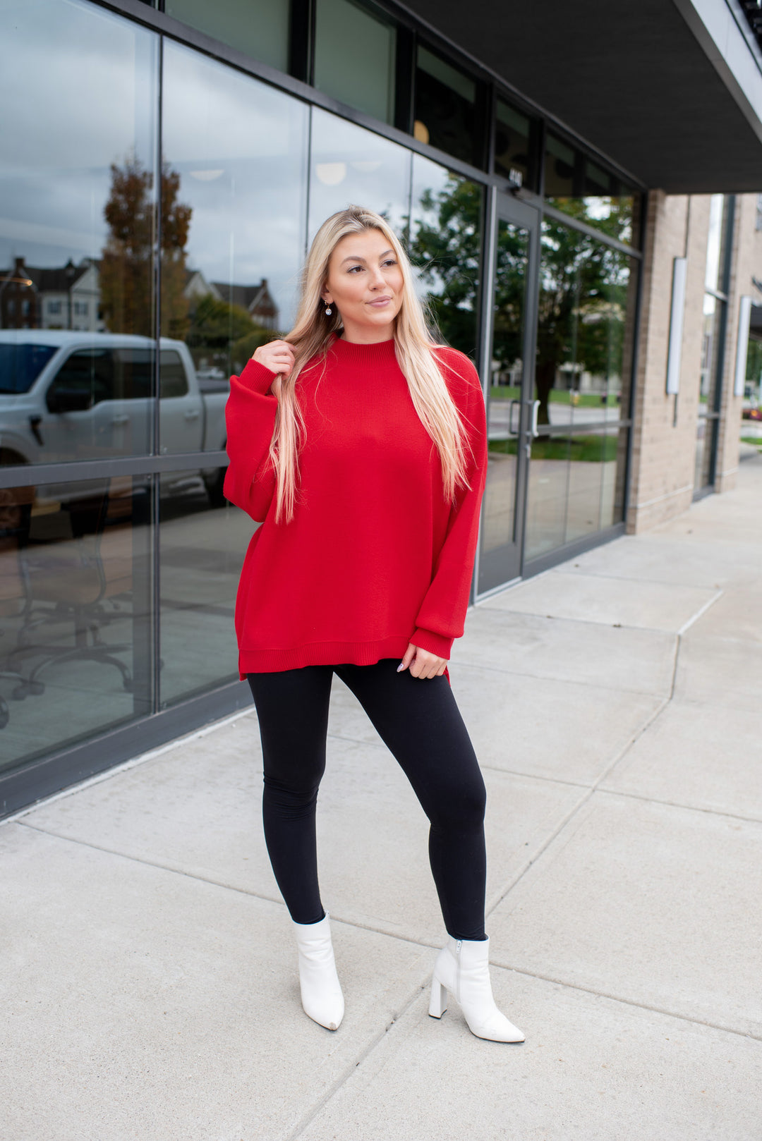 Cherry On Top Balloon Sleeve Mock Neck Sweater (Cherry)