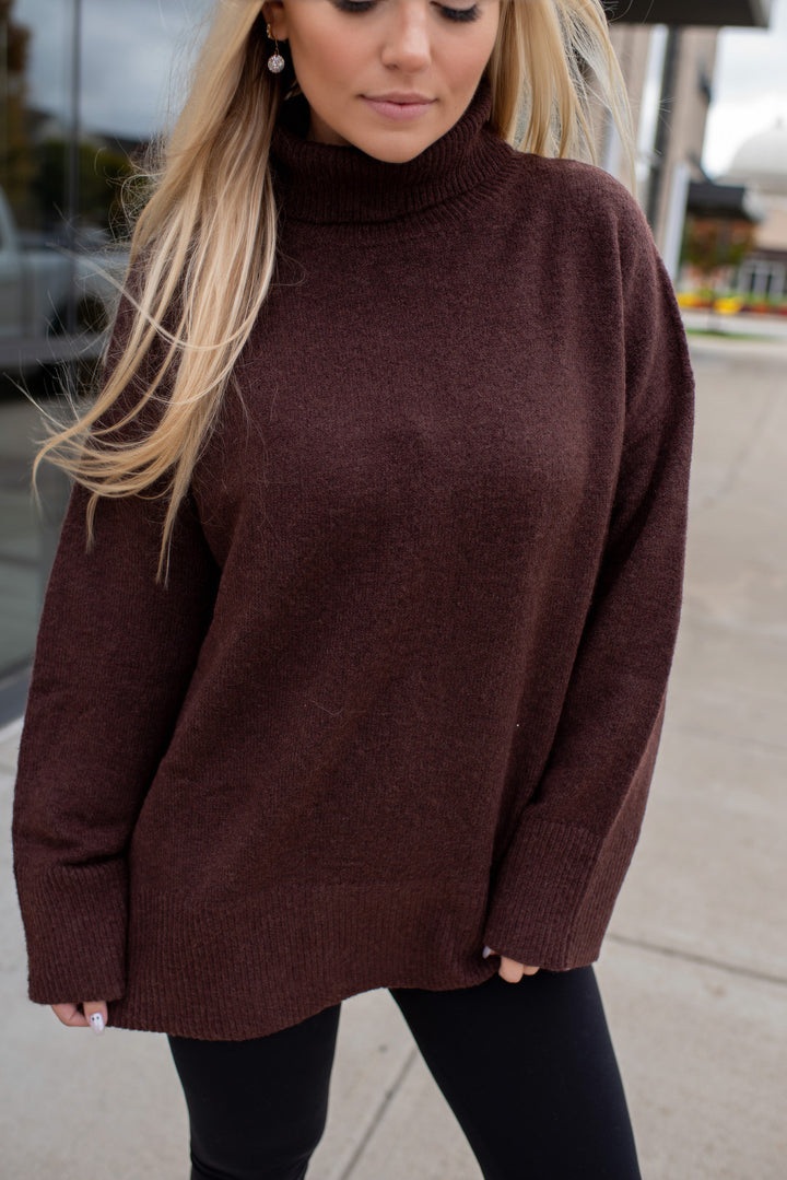 Hot Cocoa Hug Oversized Turtleneck Sweater (Chocolate)