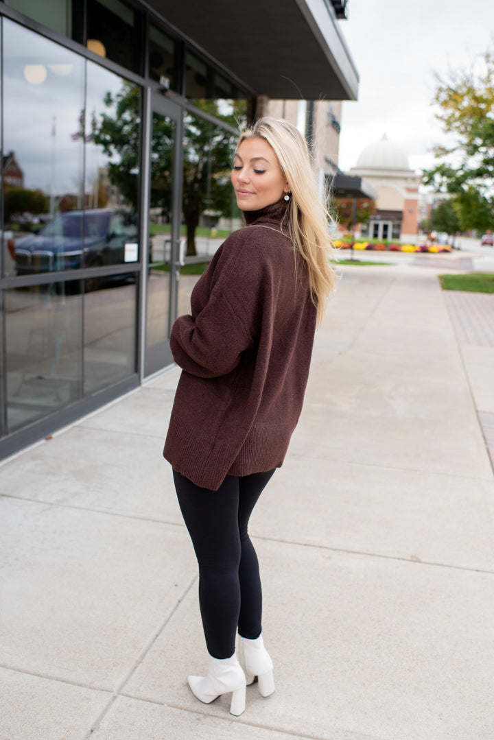 Hot Cocoa Hug Oversized Turtleneck Sweater (Chocolate)