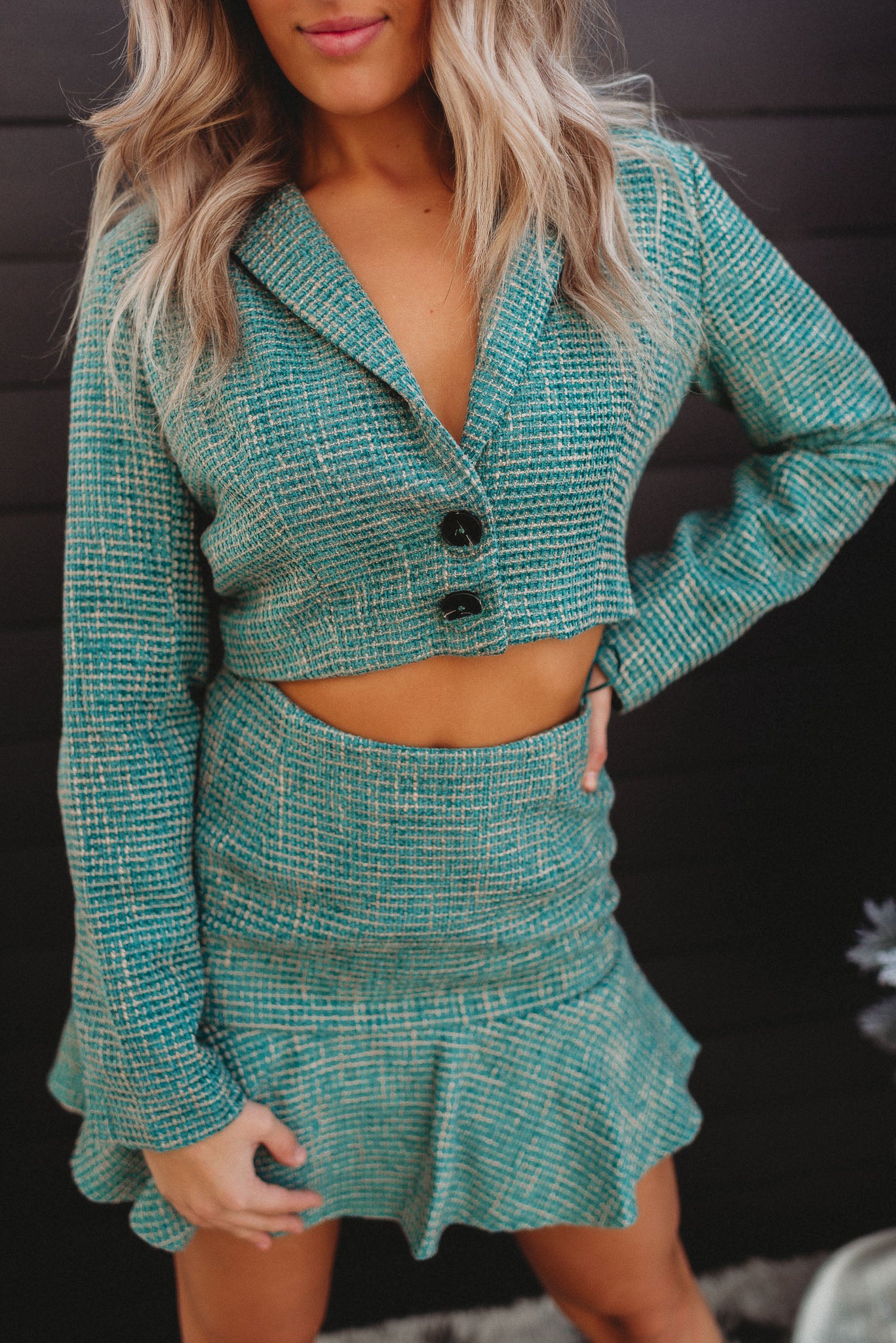 The Tyra Cropped Tweed Blazer (Teal) FINAL SALE