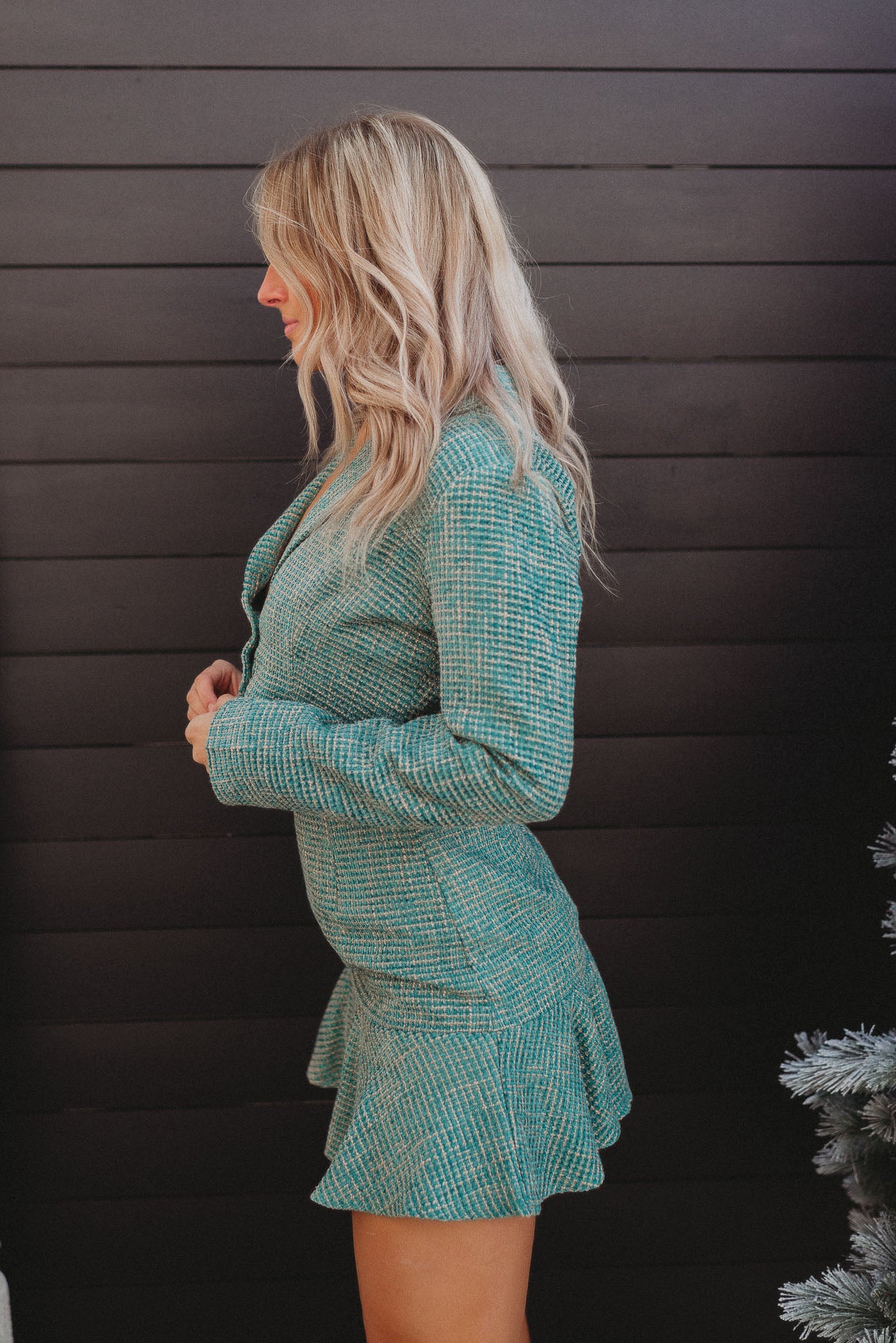 The Tyra Cropped Tweed Blazer (Teal) FINAL SALE