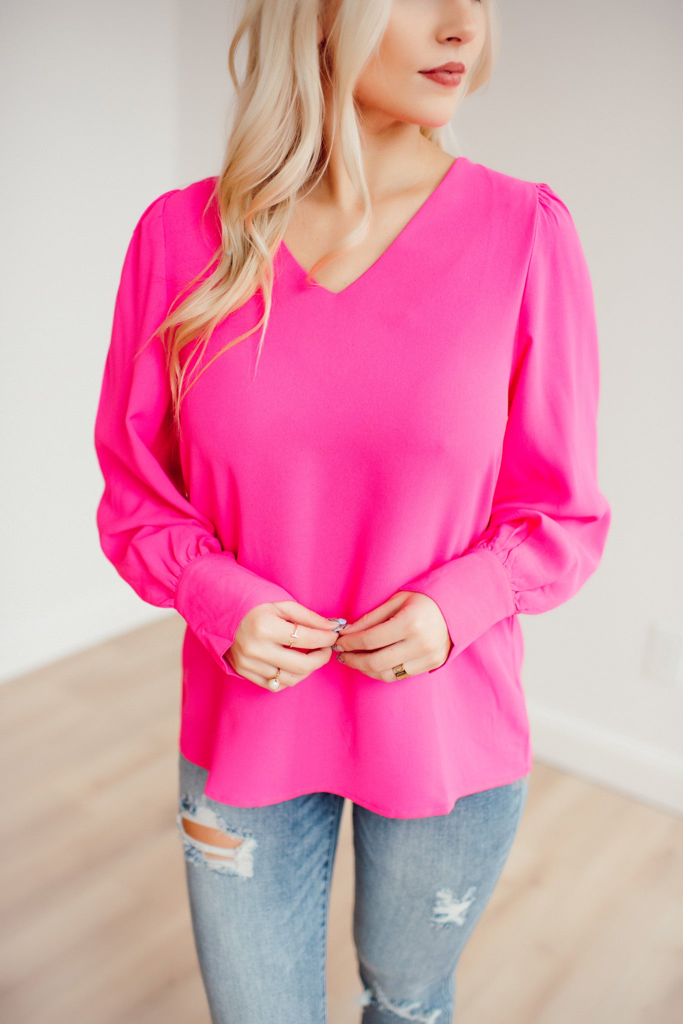 Foxglove Long Sleeve V Neck Blouse (Pink)
