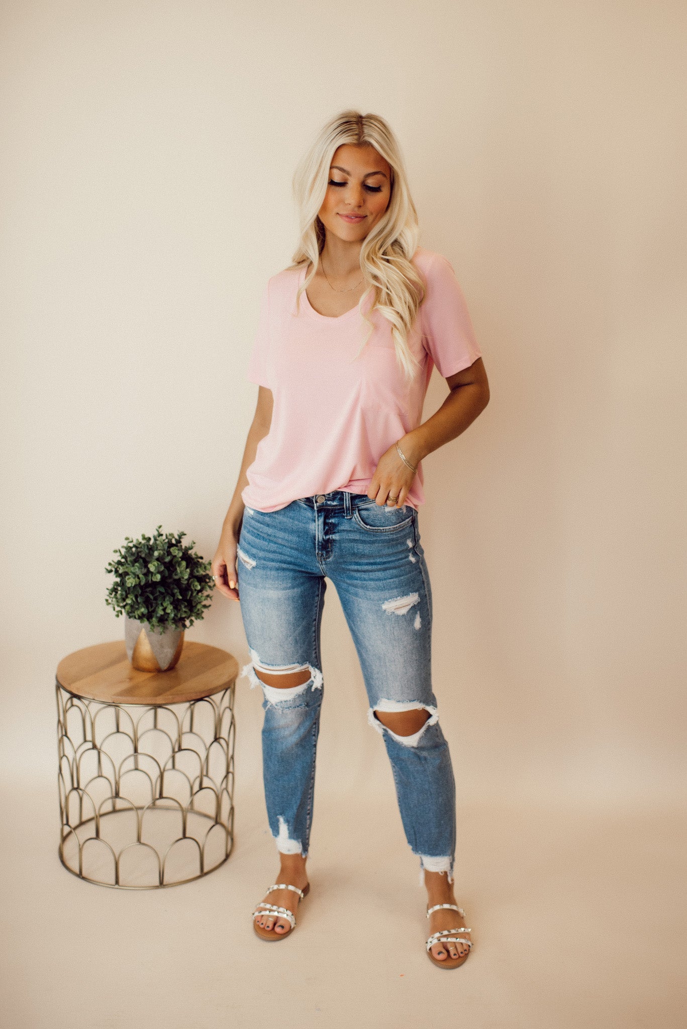Jersey V-Neck Tee (Baby Pink)